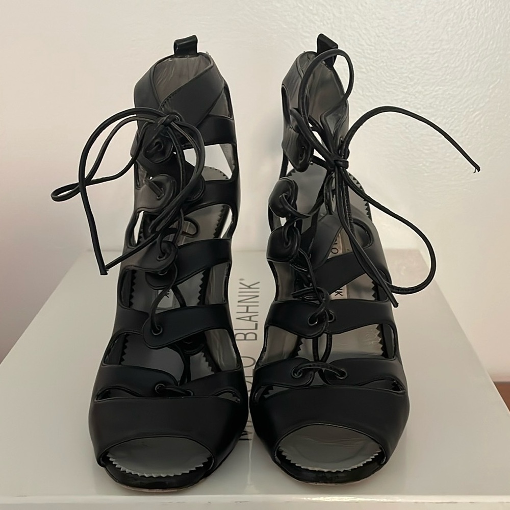 Manolo Blahnik Lace Up Sandal Black Leather Size 36.5